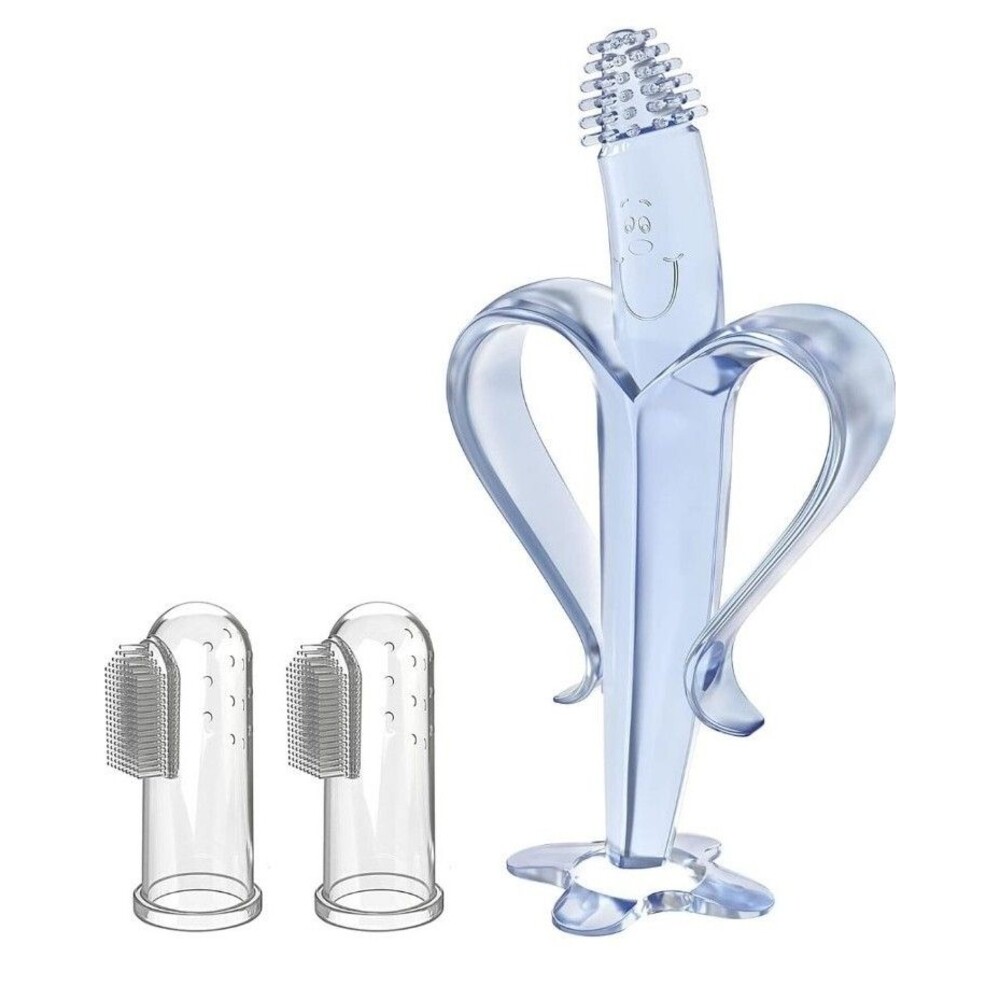 New Silivio Baby Teether, 2 Finger Toothbrushes, & Storage/Travel Case Banana